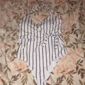 White with black stripes one piece bathing suit